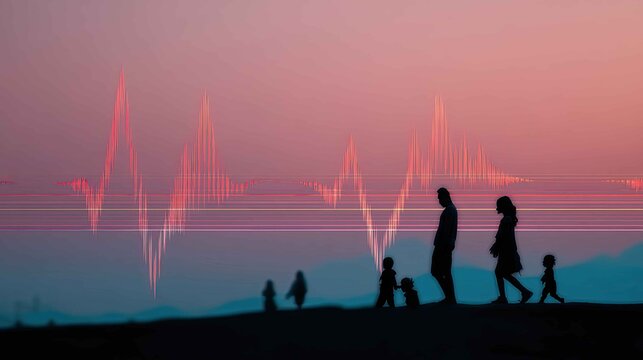 Silhouetted Family Walking with Heartbeat Visualization at Dusk