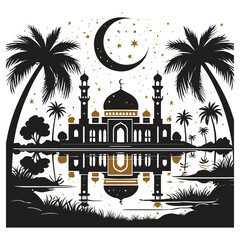 Obraz premium Detailed mosque with crescent moon water reflection palm trees. Islamic architecture Ramadan celebration religious symbol vector illustration.