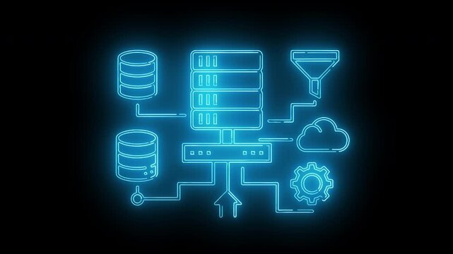 Neon blue line illustration of a data processing system with server, database, funnel, cloud, and gear on a black background.