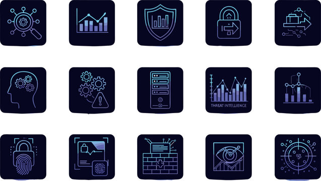 Artificial intelligence and data security icon set with analytics cybersecurity automation and digital technology concepts in modern neon style