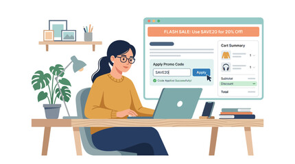 Fototapeta premium Woman Using Laptop at Desk with Digital Interface.