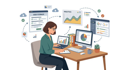 Fototapeta premium Businesswoman Analyzing Data Charts on Multiple Screens.
