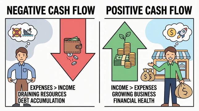 positive cash flow business concept. Comparison of negative and positive cash flow with effects on financial health.