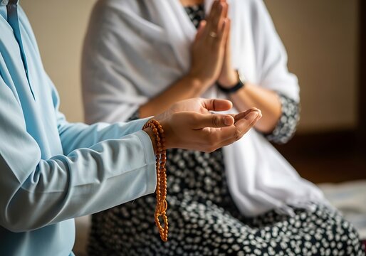 Muslim Couple Praying Together with Tasbih Prayer Beads. Generative Ai