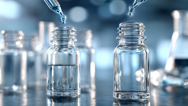 Close-up view depicts scientific bottles, filled with liquid, under droplets from pipettes. Blurred lab equipment provides the background