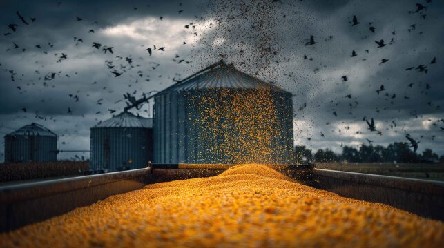 Grain poured from a trailer with silos and birds in dark sky