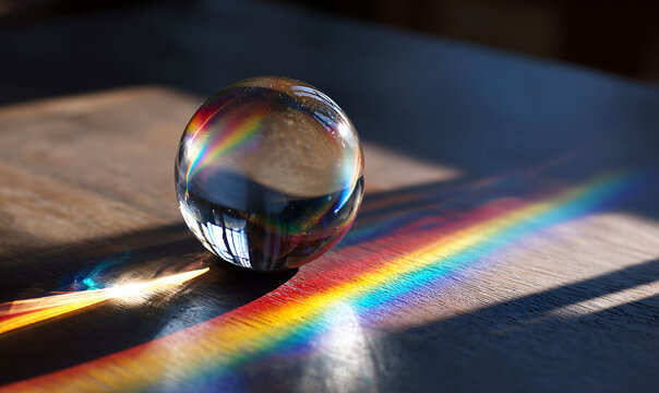 A clear orb sits on wood, refracting sunlight into a colorful rainbow spectrum. Light and shadow interplay