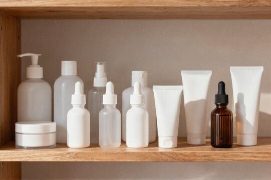 A collection of assorted white and amber skincare cosmetic bottles and tubes neatly arranged on a minimalist wooden shelf.