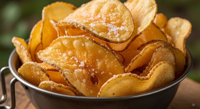Delicious potato chips in metal bowl.