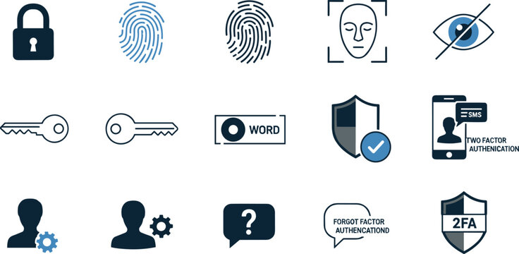 Biometric authentication and security icon set featuring fingerprint face recognition keys password protection and two factor verification symbols