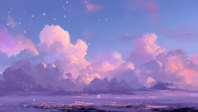 A dreamy scene of fluffy, pastel-colored clouds filling the sky at dusk, with twinkling stars and a city illuminated below