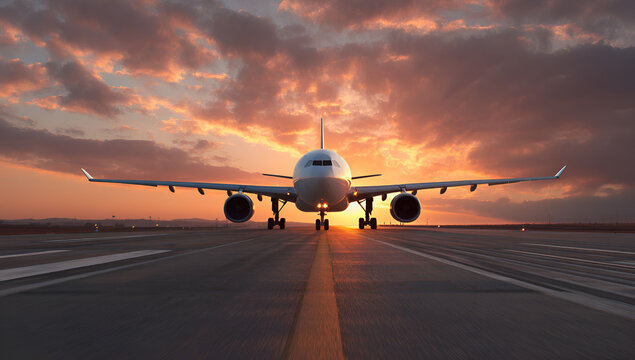 A jetliner sits on a runway, facing forward. The sun, peeking from the horizon, paints the sky with oranges and yellows