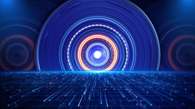 3D Abstract Blue Tech Tunnel Concentric Rings Digital Floor glowing eye and matrix-style floor. for news openers, technology countdowns, cybersecurity visuals, and virtual reality transitions.