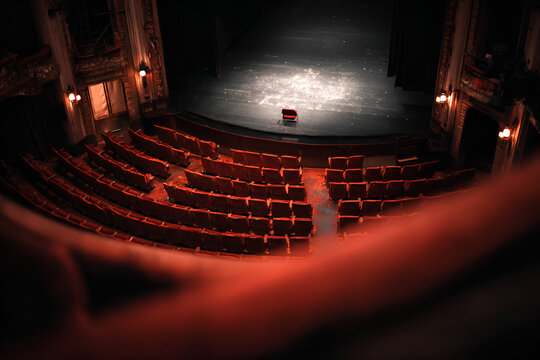 Bird's-eye perspective of a vintage auditorium. Empty seating ascends towards a dark stage lit by a single spotlight. Decorative architecture
