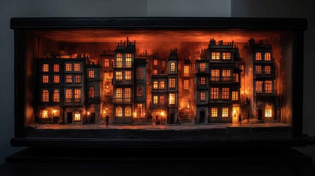 Miniature Model of Urban Street with Detailed Buildings and Lighting