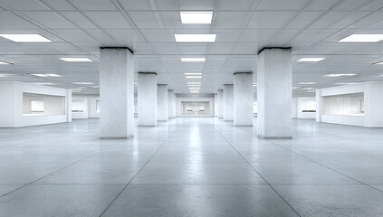 Fototapeta premium A spacious, empty interior with numerous support columns. Overhead lighting illuminates the reflective floor. Rectangular openings line the walls