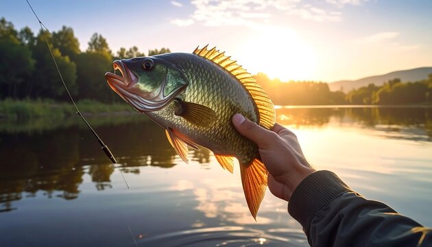 A close-up view of a person's hand holding a freshly caught fish, lit by golden sunlight. A lake scene