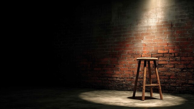 Wooden stool illuminated by spot light in a dimly lit room