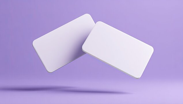Blank white business cards floating on purple background.