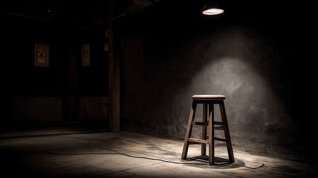 Wooden stool illuminated with spotlight in dark room setting