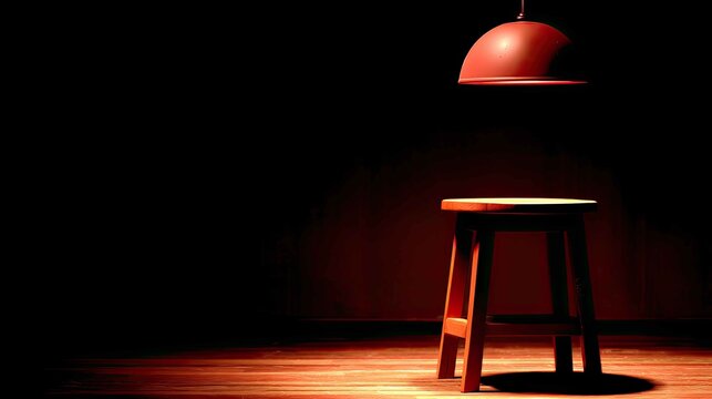 Minimalist wooden stool under warm pendant light in dark setting