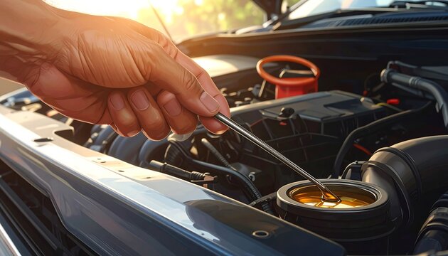 A close-up view of a person's hand inserting a dipstick into a car engine, checking the oil level. Sunlight streams in