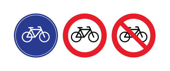 Bicycle Signs Set Vector Mandatory and Prohibition Bike Symbols, Blue Cycle Lane Sign and Red No Bicycle Signs for Traffic Regulation and Road Safety Design © Media Core Design