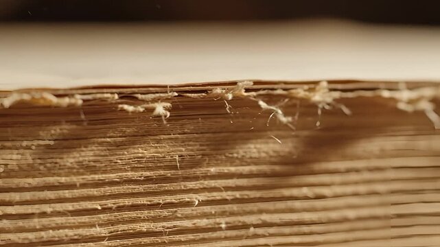 Close up of old book pages edge with rough texture and aged paper detail.