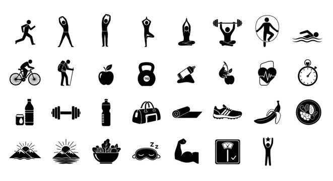 Black Silhouette Fitness Activities Icon Set Healthy Lifestyle Minimal Vector Icons