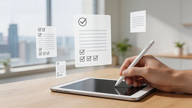 Business man using digital tablet device to manage online project tasks checking off items on virtual checklist documents for efficient workflow and remote team coordination work
