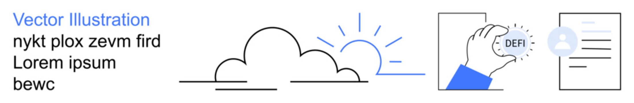 Technology, cloud computing, blockchain security, digital identity, data authentication, crypto assets. Minimalist clouds and sun illustration, hand with token icon document. Blockchain security