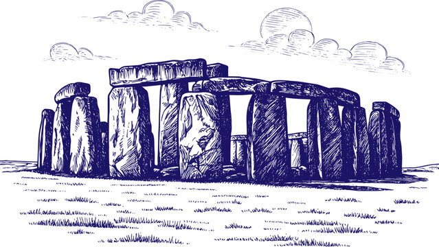 Stonehenge Hand Drawn Line Art Sketch Illustration, Ancient Megalithic Monument Outline Drawing, Minimalist Ink Style Historic Landmark, Prehistoric England Architecture, Black and White Vintage 