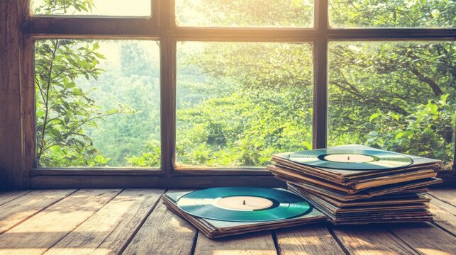 Stack of Old Vinyl Records Scattered on Wooden Floor