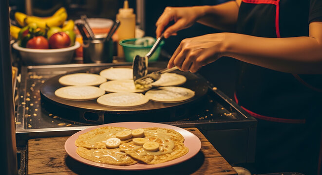 A street vendor prepares thin pancakes on a flat griddle with a finished plate of banana crepes in the foreground