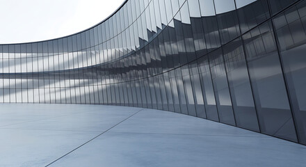 Obraz premium Modern abstract architectural background featuring a sleek curved glass building facade designed as a sophisticated showroom backdrop for luxury car presentation and futuristic vehicle display.