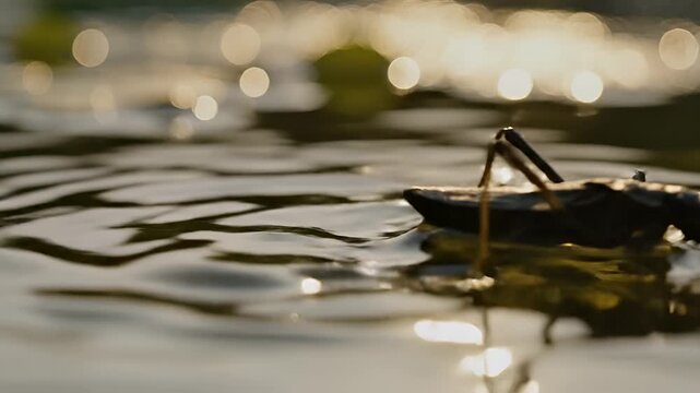 Close-up of a water strider insect gracefully gliding on the surface of calm water.