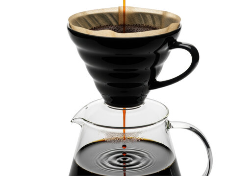 Black ceramic v60 dripper brewing into a glass carafe with a motion freeze splash on a white background. Concept of a specialty coffee ritual
