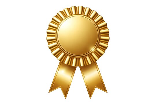 Shiny gold award ribbon rosette isolated on white background