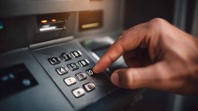 Close-Up of Hand Using ATM Keypad for Cash Withdrawal Process