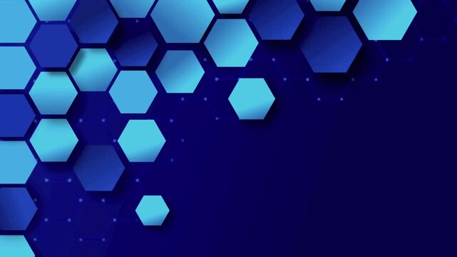 Blue hexagonal shapes float and assemble over a dark navy gradient background with depth effects.