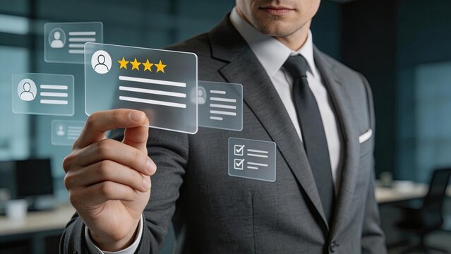 Businessman interacting with digital five star customer review interface selecting feedback rating hologram system