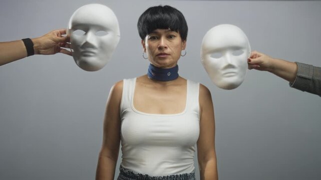 Young chinese woman holds two white masks next to her face, bare shoulders visible, hands presenting masks in studio; identity introspection.