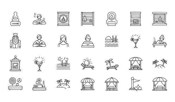 Luxury resort wellness outline icon set vector with spa massage beach relaxation editable stroke design