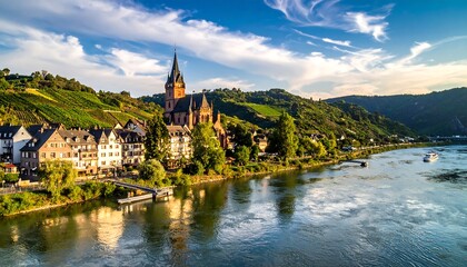 Fototapeta premium A picturesque river scene showcasing a charming European town. Features a historic church, residential buildings, lush hills, and boats on the water