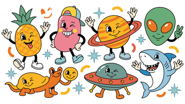 Outer space and ocean cartoon characters set with planet alien shark ufo and pineapple man.