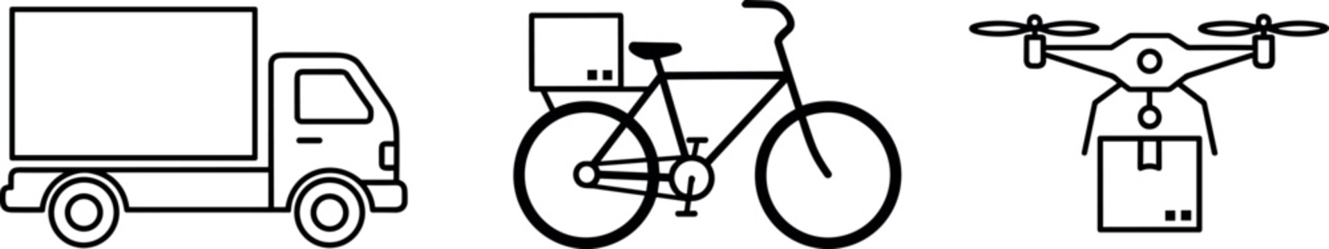 Delivery transport icon set featuring truck bicycle courier and drone shipping symbols in minimal outline style for logistics services