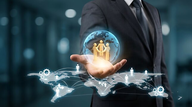 Corporate executive using futuristic technology to visualize global talent acquisition and international workforce management over a digital map