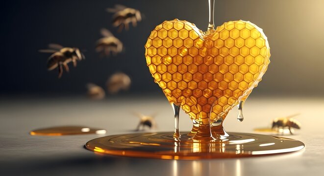 Sarang lebah berbentuk hati dengan madu menetes dan kawanan lebah berlatar belakang gelap