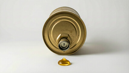 Obraz premium Upside down empty gas can with single gold drop on white with copy space