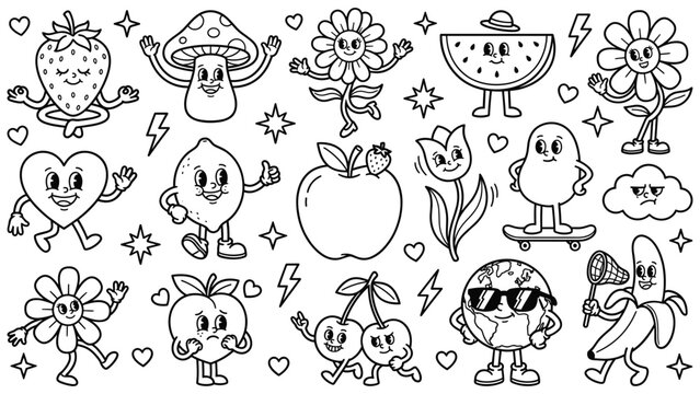 Set of cute black and white cartoon fruit, vegetable, and flower stickers.